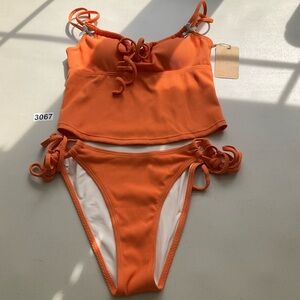 Samiol Orange Ribbed Bikini Tankini Set Adjustable Strap Bralette Size Small